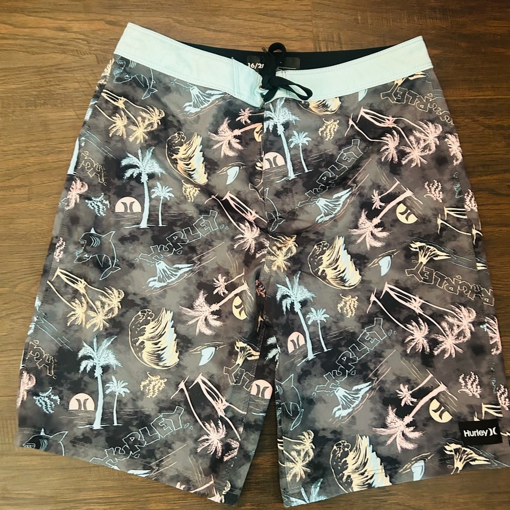 Hurley Kids Swim Trunks - Black and Gray with Tropical Print